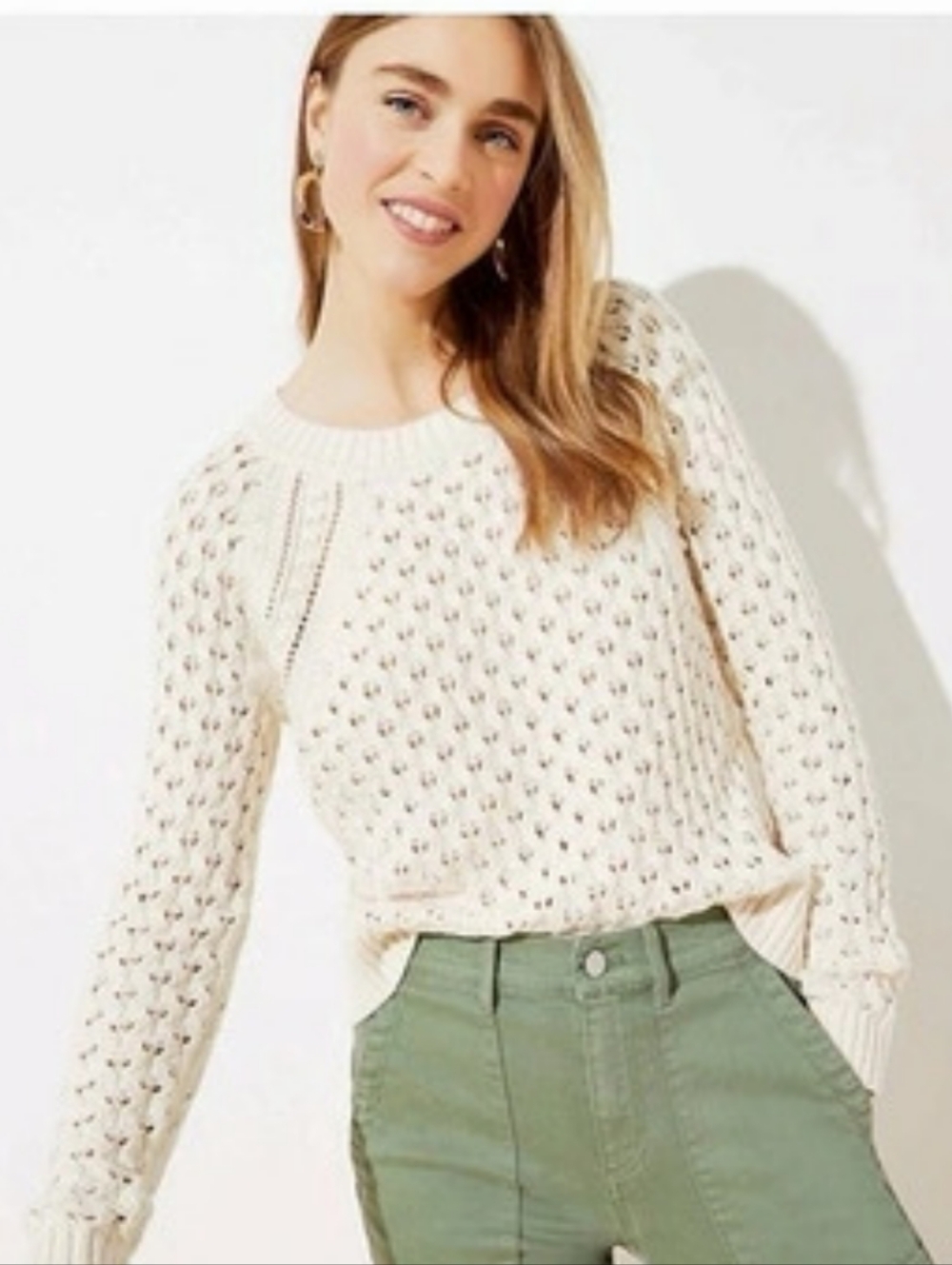 NWT LOFT Bobble Pointelle Crew Neck Sweater Cream Sweater (XS Petite)